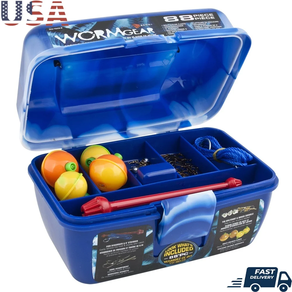 88-Piece Fishing Tackle Box with Floats Hooks Stringer Swivels Disgorger Removable Tray Easy Storage Fishing Gear
