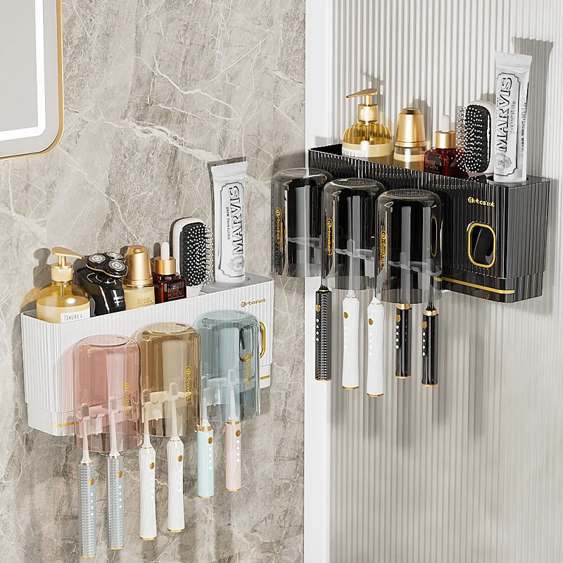 

Light Luxury Toothbrush Rack Wall-Mounted Punch-Free Toilet Teeth Brushing Cup Tooth-Cleaners Rack Family Cleaning Kit