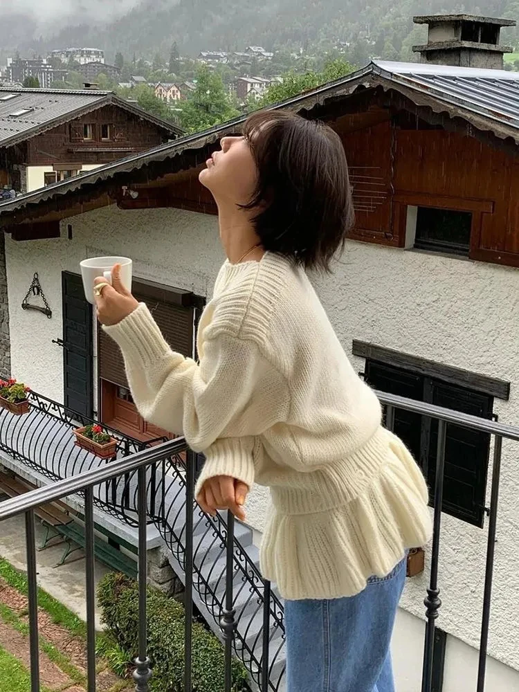 

Japanese Loose Ruffles Women Sweater Autumn Korean Chic Button Patchwork Warm Pullover Female New Solid All Match Knitted Jumper