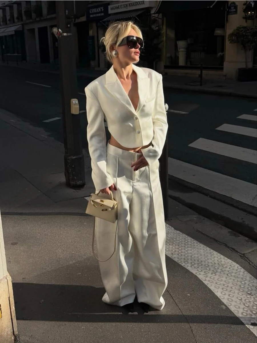 LIMO 2026 New Women Satin 2 Piece Set Cropped Blazer Wide Leg Trousers Party Suit