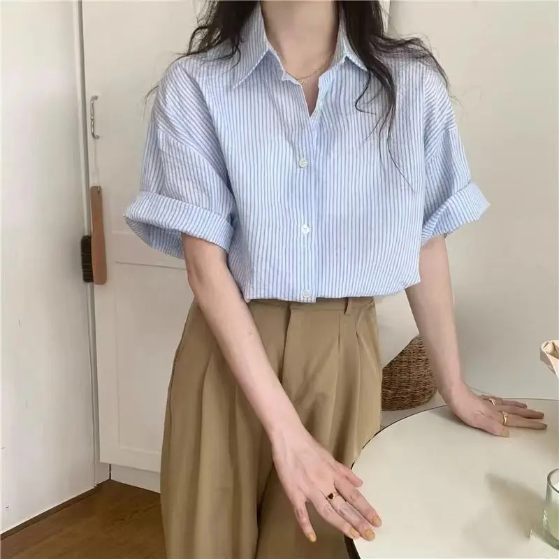 Rimocy Korean Blue Stripe Short Sleeve Shirt Women Summer Turn Down Collar Chic Blouse Woman Office Loose Button Up Shirts Mujer