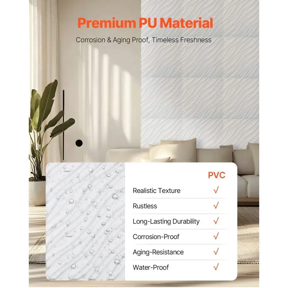 Panel Dinding 3D 12 Paket 19.7x19.7 inci PVC 32 Kaki Persegi Gelombang Putih Matte