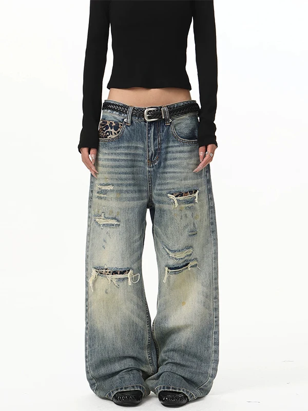 Calças Jeans Retro Americanas com Estampa de Leopardo e Patchwork, Jeans Largos e Casuais com Corte Reto para Homens e Mulheres