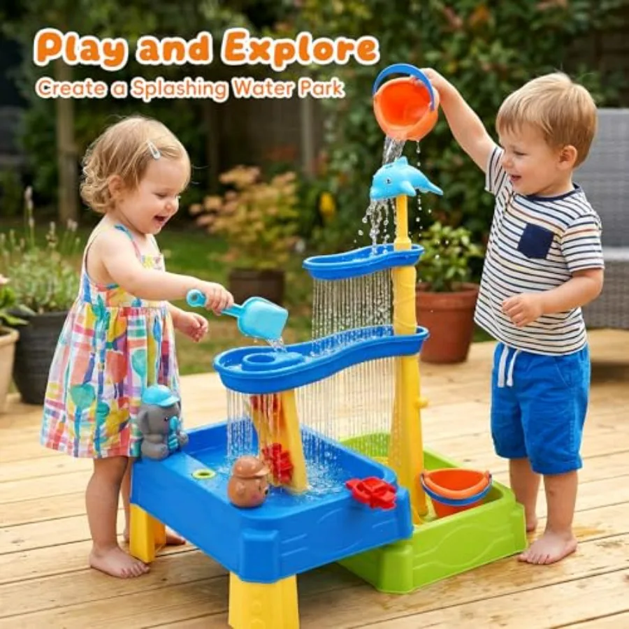 Outdoor water table for toddlers 3-5, BPA-free plastic in blue and yellow, splash pond with rain shower and umbrella, 16-piece