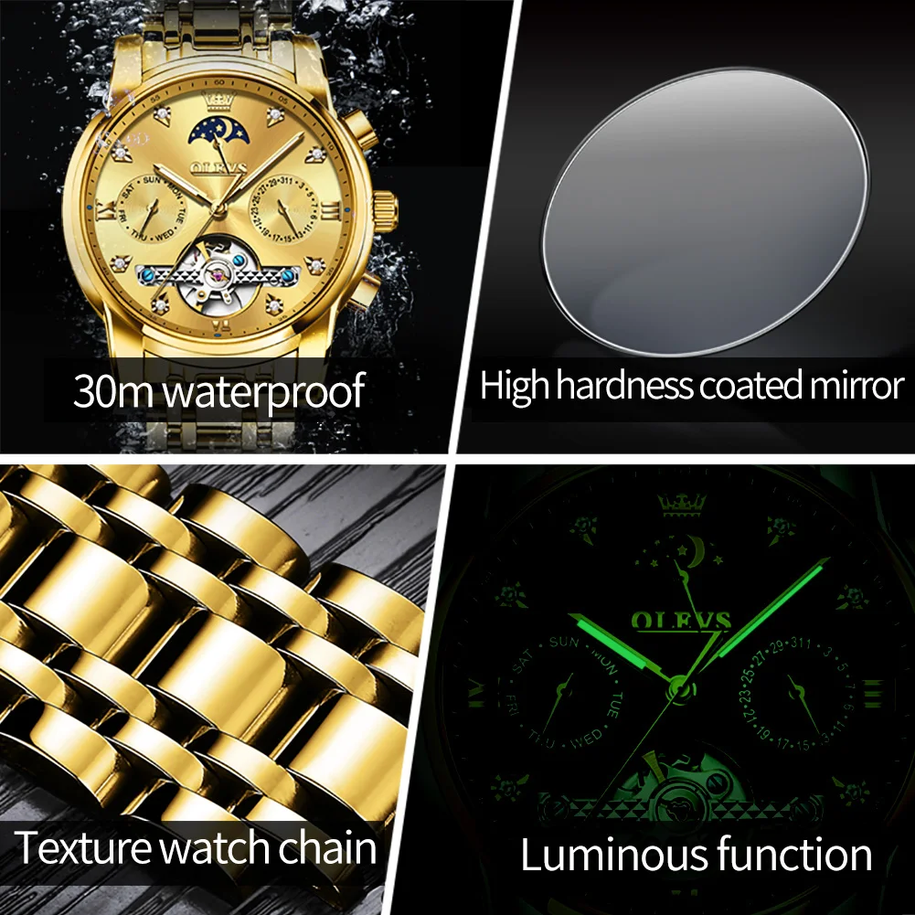 Reloj de pulsera clásico dorado de acero inoxidable para hombre, cronógrafo Original de lujo, automático, resistente al agua, con fecha y fase lunar