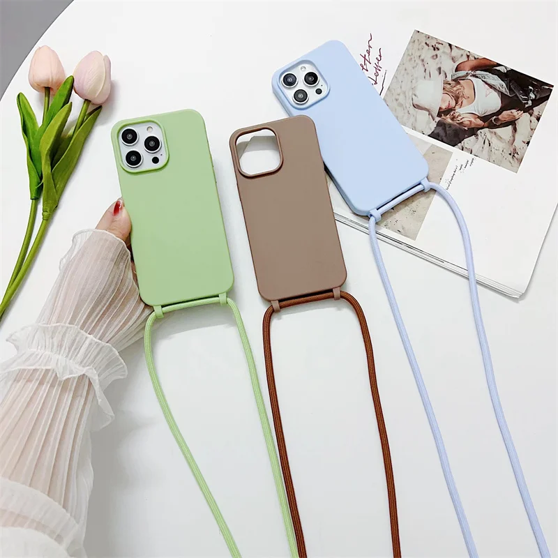 Liquid Silicone Crossbody Lanyard Phone Case For iPhone 15 14 13 12 11 Pro Mini X XR XS Max SE 2 7 8 Plus Hang Strap Rope Cover