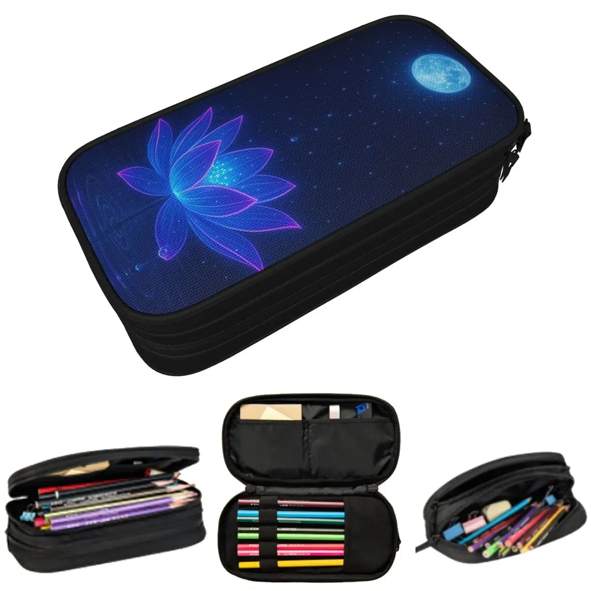 

One Fluorescent Blue Lotus Themed Pencil Case for Kids School Pen Box Pencil Bag Stationery Supplies Pen Holder Bag