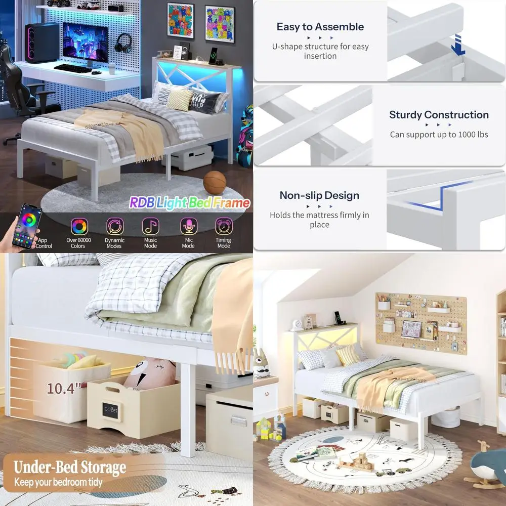 

LED-lit Storage Headboard Twin Metal Bed Frame with Charging Station, Modern Platform Design, Heavy Duty, Box Spring-Free, Easy