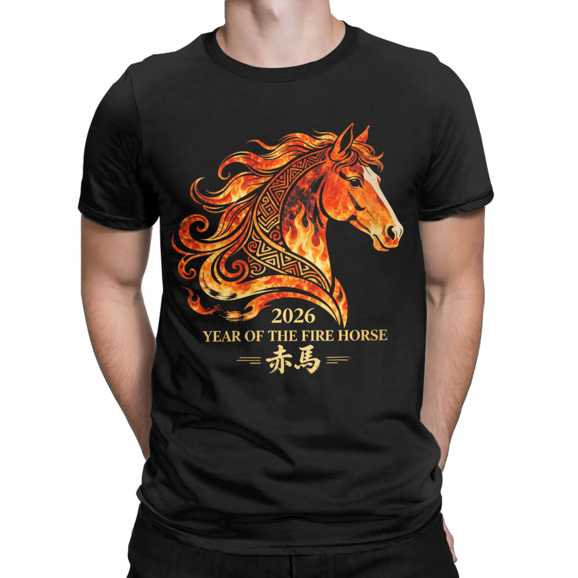 Chinese New Year 2026 Year of The Fire Horse T-Shirt Summer  Pure Cotton T Shirts For Men Harajuku Casual Tshirt Short Sleeve