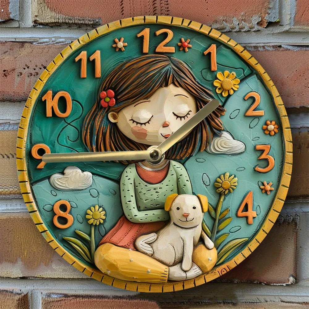 Elegant Silent Wall Clock with Woman and Dog Design - Aluminum, Ideal for Kitchen & Home Decor Wall Clock Modern Design