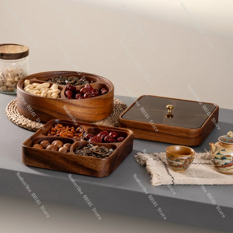 Black walnut four-grid fruit plate, high-end fruit box with lid, living room coffee table nut plate