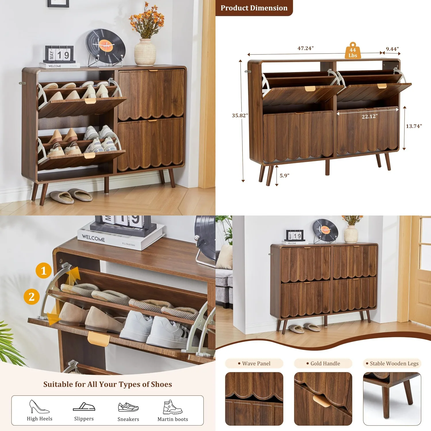 

Shoe Storage Cabinet for Entryway with 4 Flip Drawers, Freestanding Narrow Wood Shoe Cabinet with Wave Panel,, Customized
