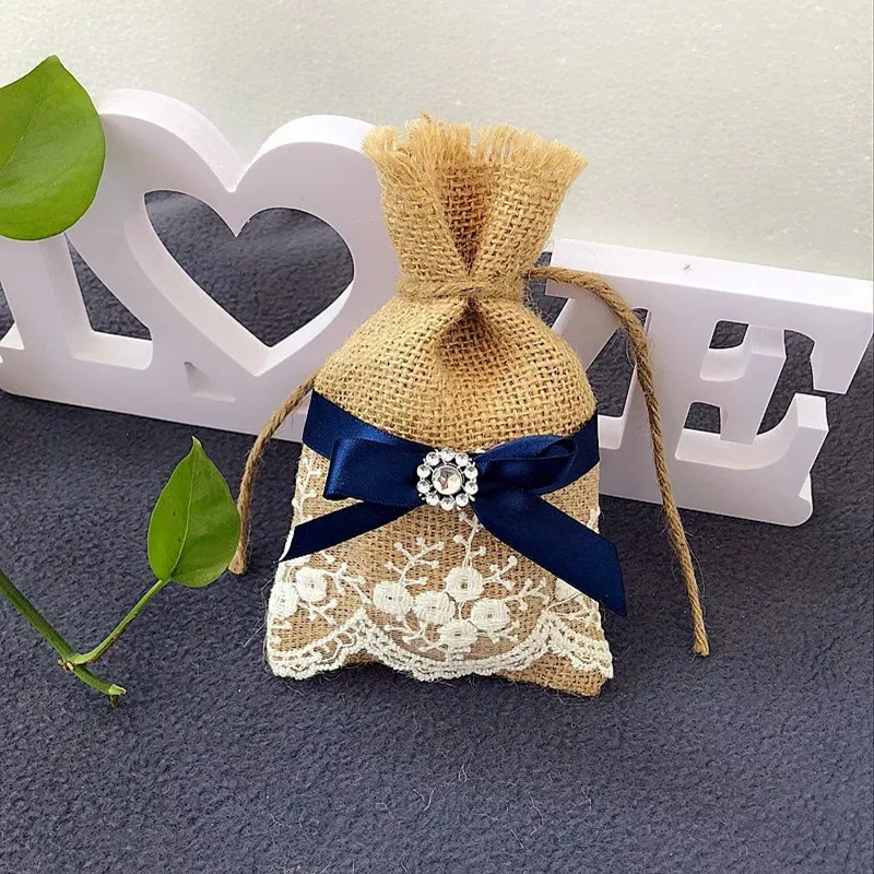 

50pcs Burlap Wedding Favor Bags / Jute Lace Blue Ribbon Decor for Party Gift Bag, Jewelry Packaging, Herbs Bag, Candy Bags