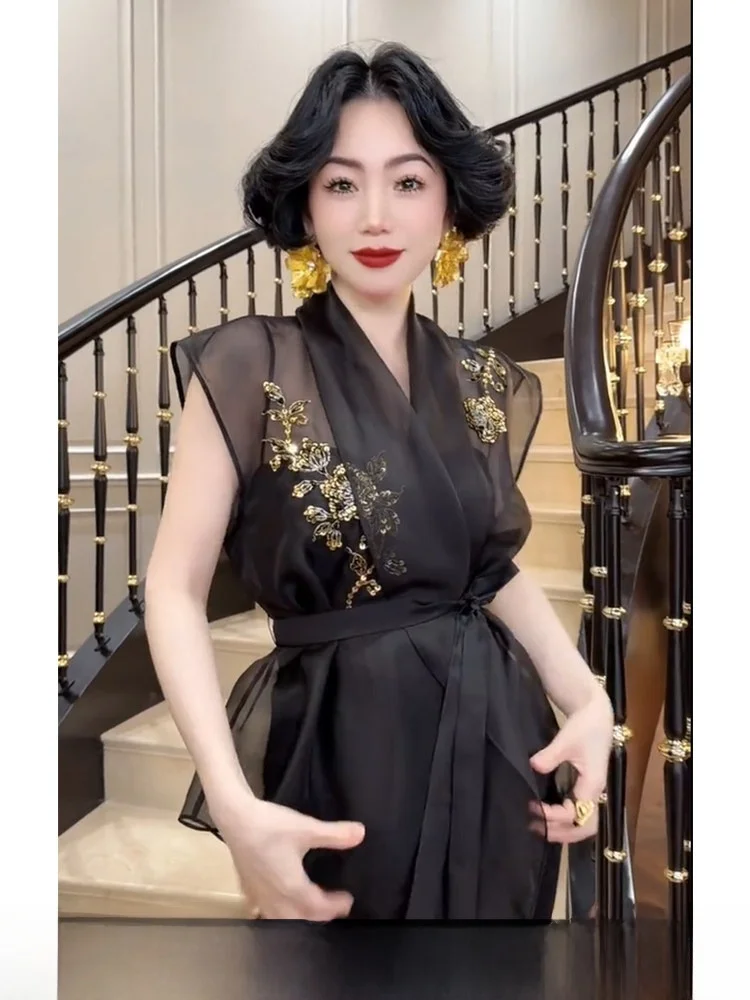 

LYXJ Роскошный шелковый топ с защитой от солнца для женщин, летний тонкий шифоновый топ с V-образным вырезом, свободный крой, элегантный, для повседневной носки