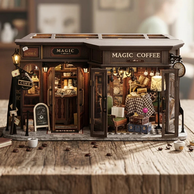 OUZEY 3D Wooden Dollhouse DIY Kit - “Magical Vintage Store” with Furniture, Retro Home Model Craft Gift for Adults