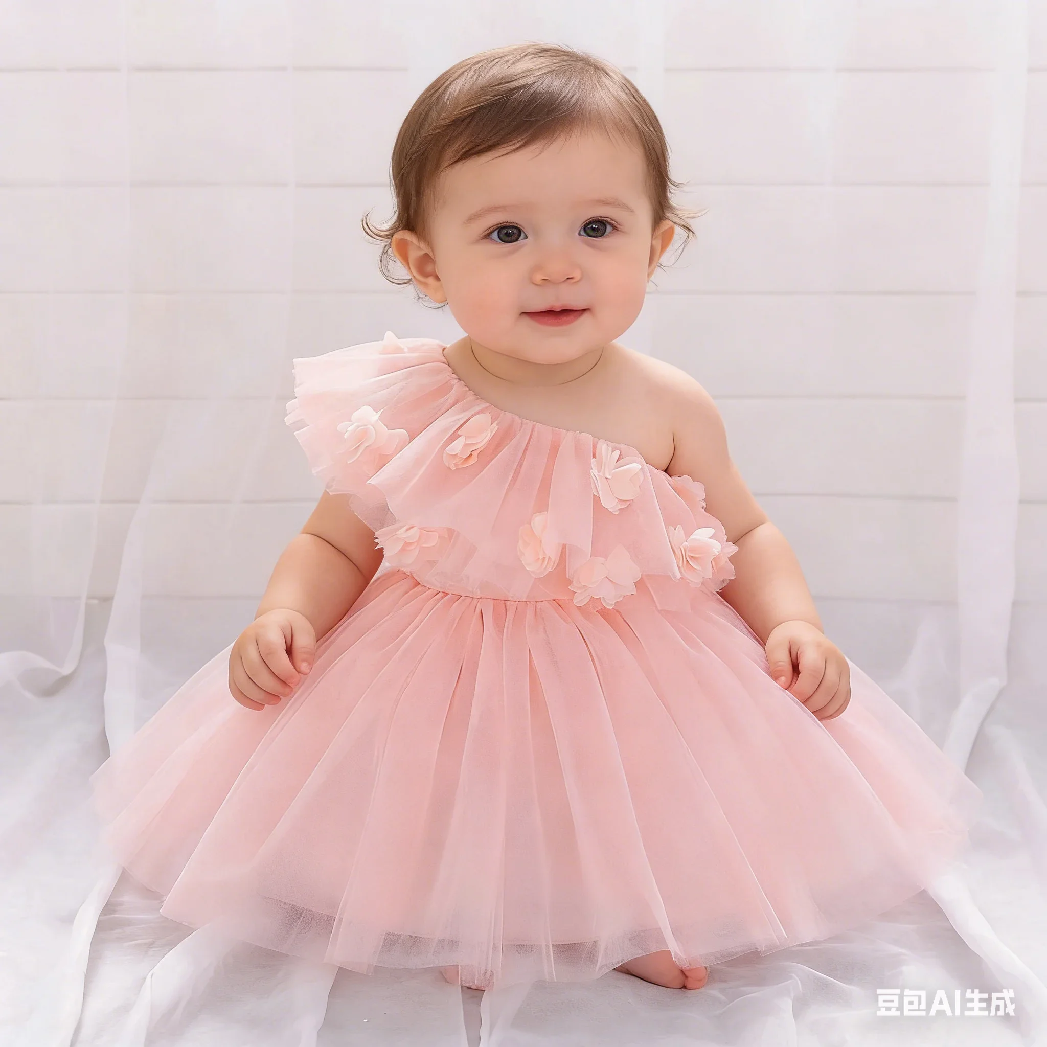 Girls Sloping Shoulder Floral Mesh Ball Gown Birthday Party Emcee Piano Violin Concert Festival Performance Princess Dress ASQ03