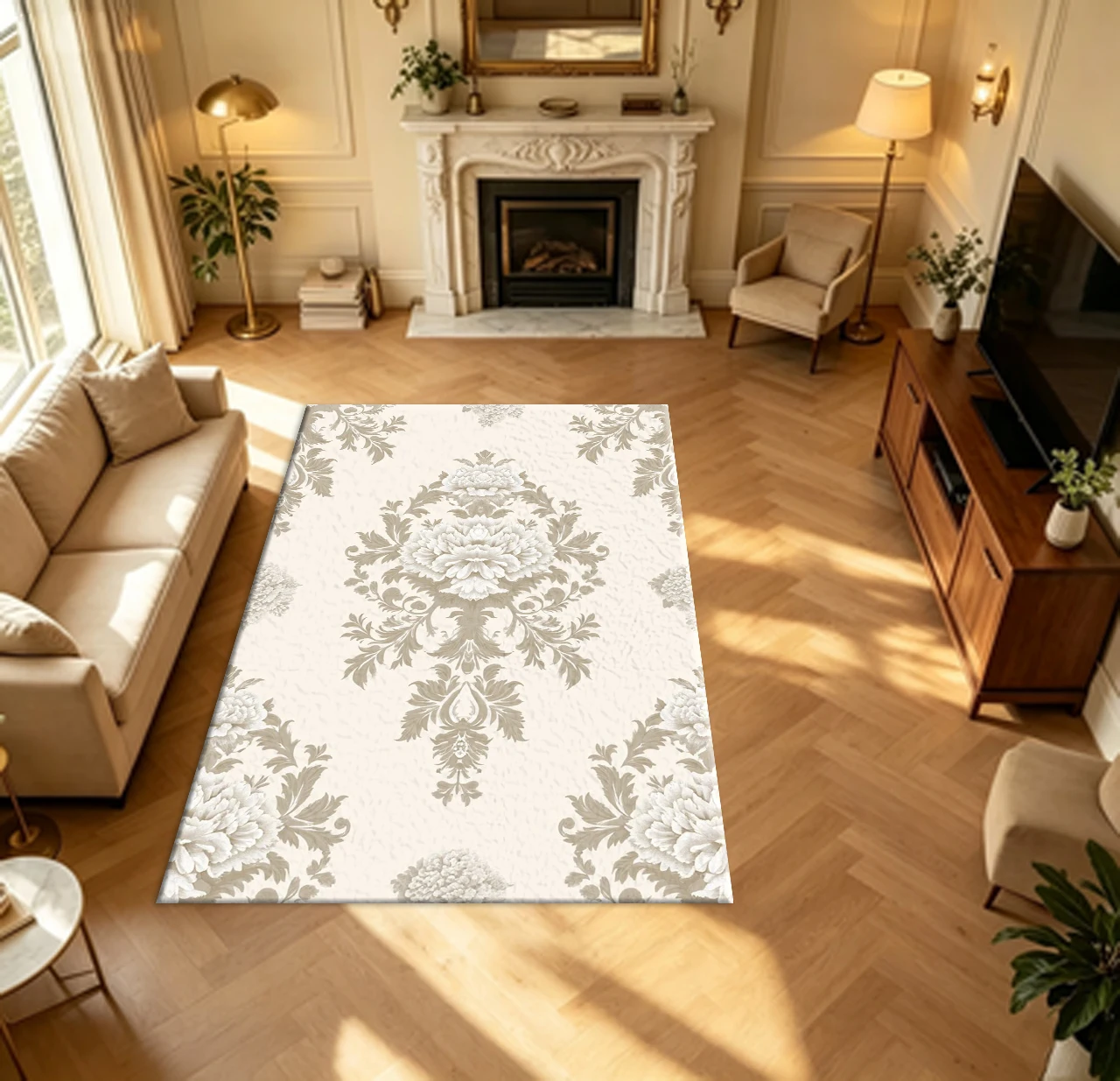 Vintage Damask Peony Floral Pattern Carpet Flooring Beige Neutral Tone Classic European Household Indoor Decor Area Rug