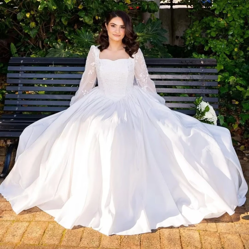 Customized Crepe Wedding Dresses For Bride Square Collar Appliques High Quality Elegant White Bridal for Floor-Length Simple