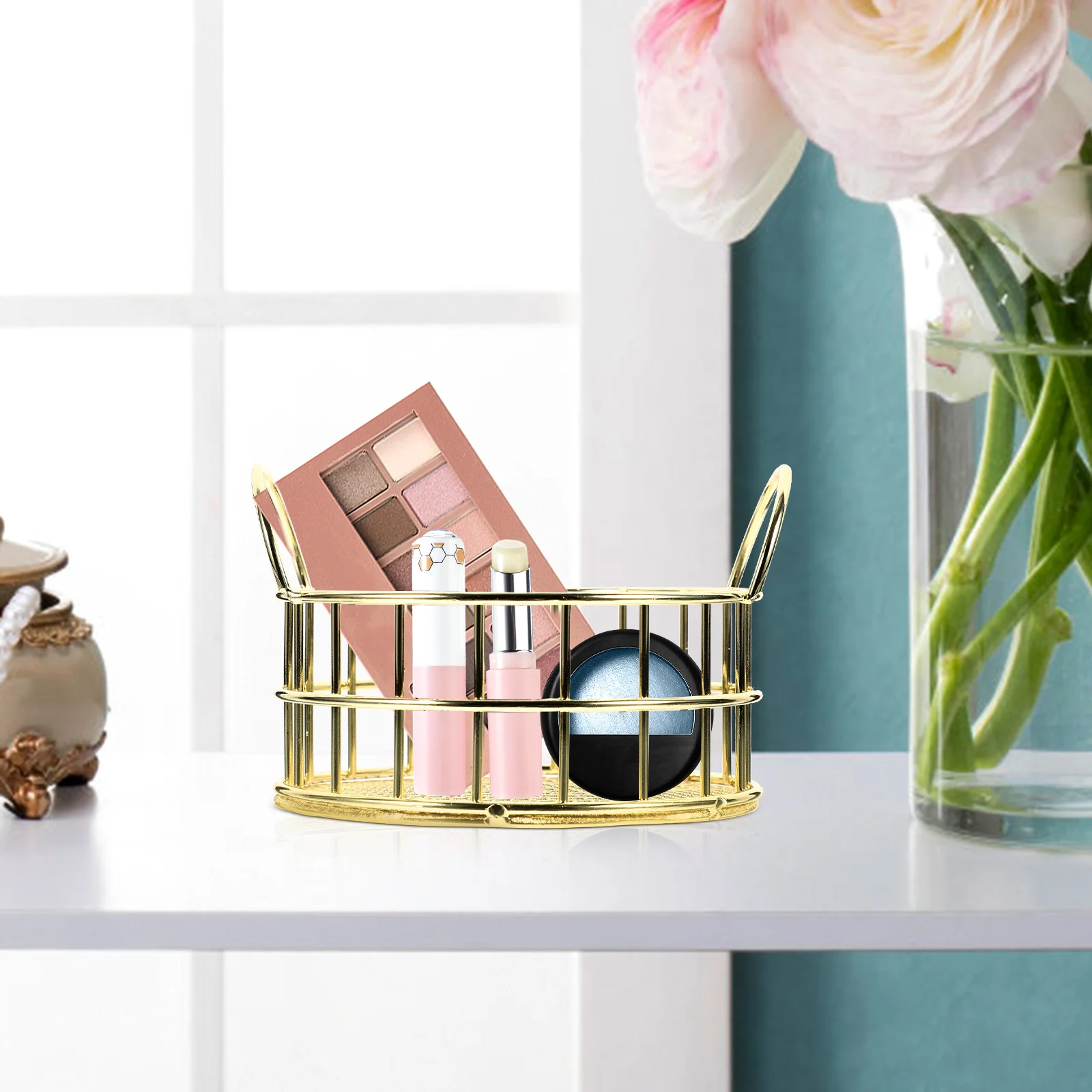

Cat Ears Storage Basket Metal Baskets for Organizing Organization Desk Round Organizer Wrought Iron Makeup