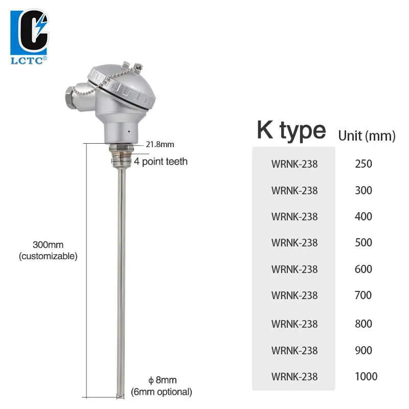 LCTC Under Armor K Type Thermocouple Stainless Steel Temperature Probe High Temperature Sensor WRNK-238 Length 250-600mm