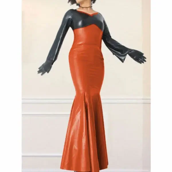 100%Latex Rubber Schwarz langer Ärmel Long Dress Poliert Abendkleid 0.4mmS-XXL