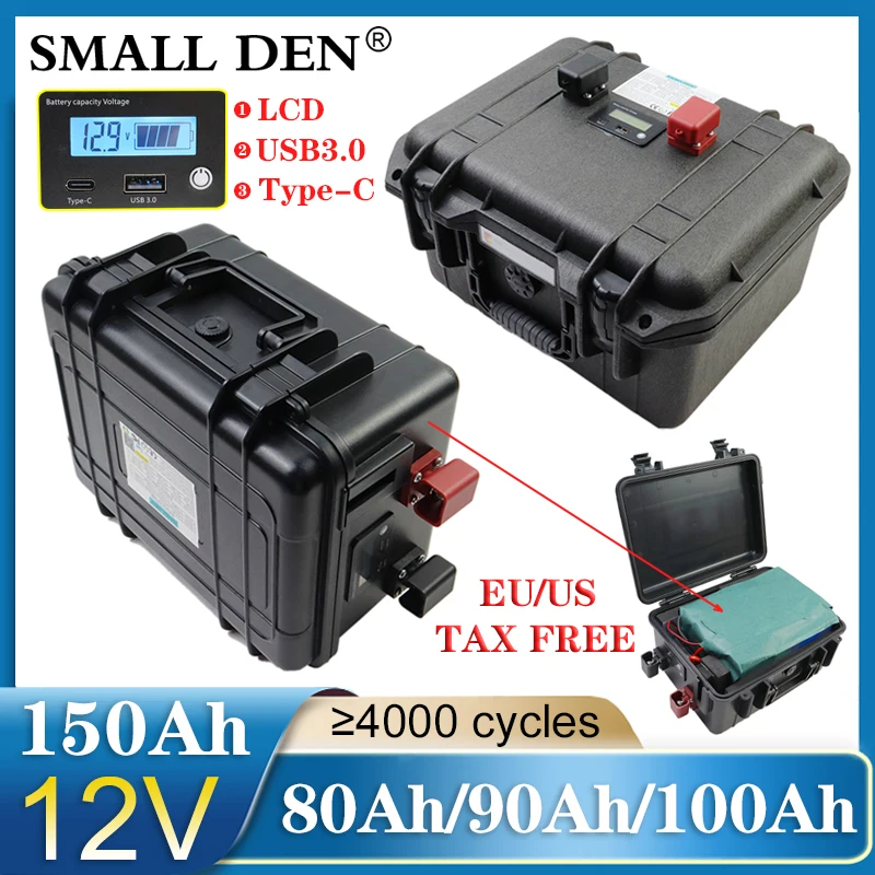 12V 150Ah 100Ah 90Ah 80Ah LiFePO4 Battery Pack 1200W High power BMS For 14.6V E-boat RV UPS Car motor camping Portable suitcase