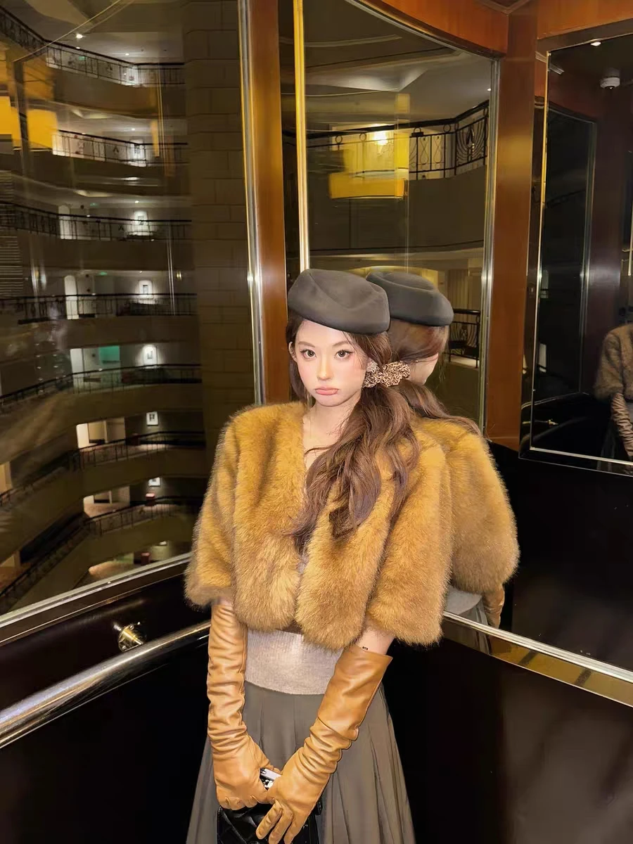 المرأة الخريف الشتاء فو الثعلب الفراء نصف كم رقيق معطف سيدة أنيقة الخامس الرقبة فو الفراء قصيرة فضفاضة أبلى #2