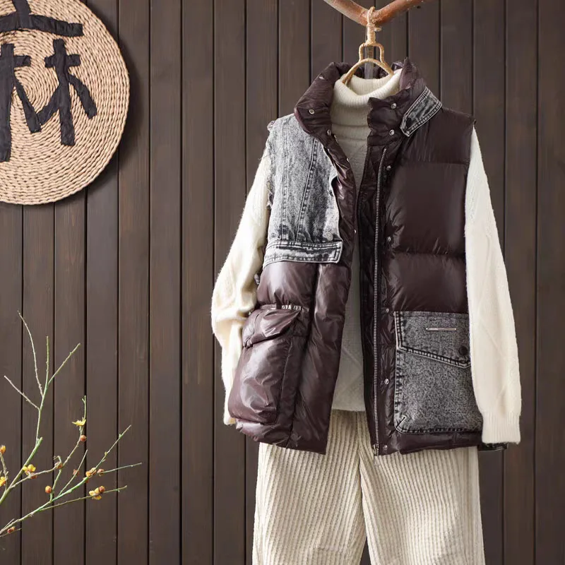 Fashion Street Down Vest Winter Casual Trendy Denim Splicing Short Waistcoat Women‘s Thick Warm White Duck Puffer Tank Coat
