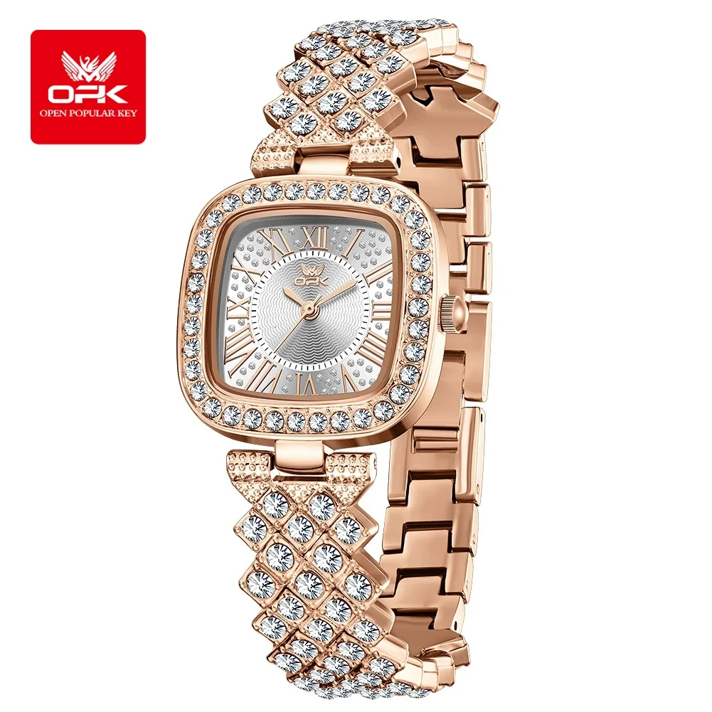 OPK 6048 Full Diamond Quartz Watches for Women Elegant Fashion Rose Gold Steel Strap Waterproof Luxury Ladies Dress Wristwatches
