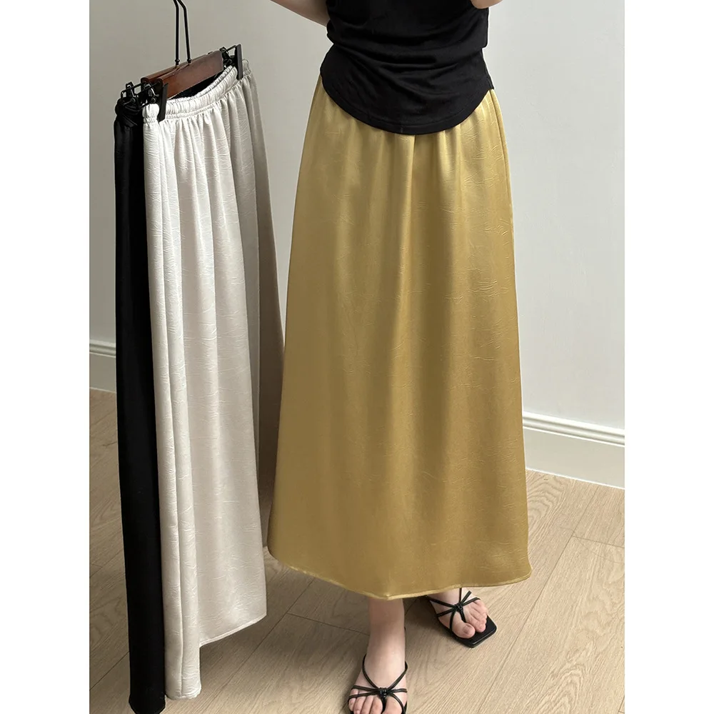 Women Clothing Solid Color Skirt 2024 Satin Embossed Slit Skirt Summer New Fashionable Elastic High-waisted Women Elegant Skirt