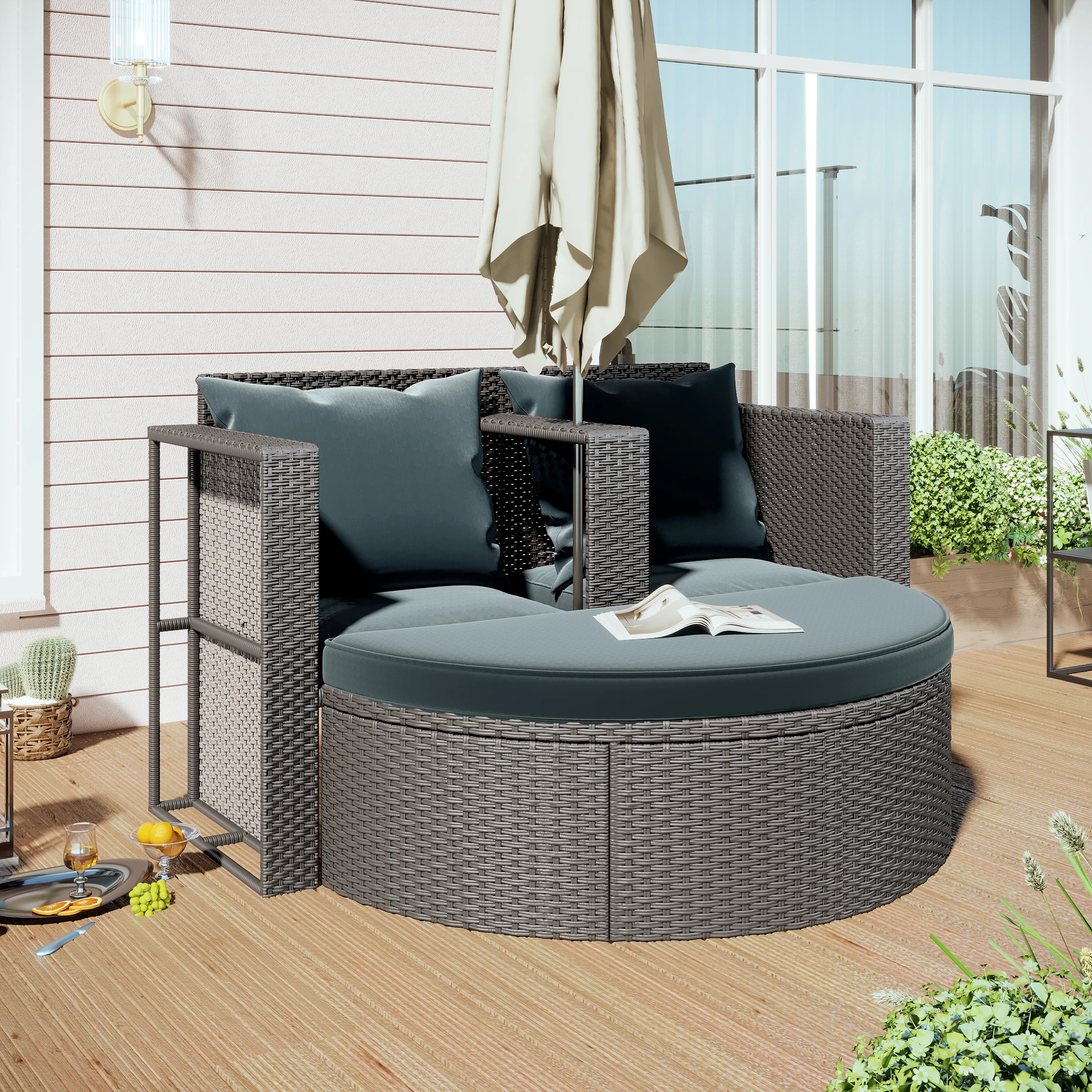 3-Piece All-Weather PE Wicker Conversation Set Rattan Sofa Set Outdoor Patio Half-moon Furniture Set w/ Side Table for Umbrella