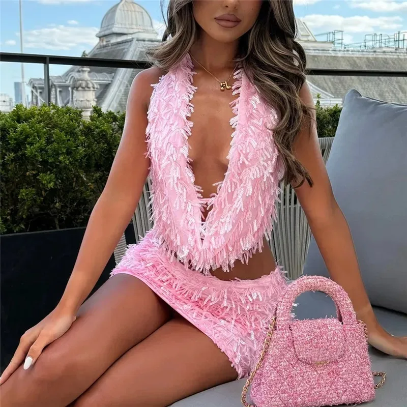 Y2K Мини-юбка с блестками и кисточками для женщин, жилет с лямкой на шее и открытой спиной, топы и юбки, комплекты из 2 предметов, комплекты для вечеринки, дня рождения