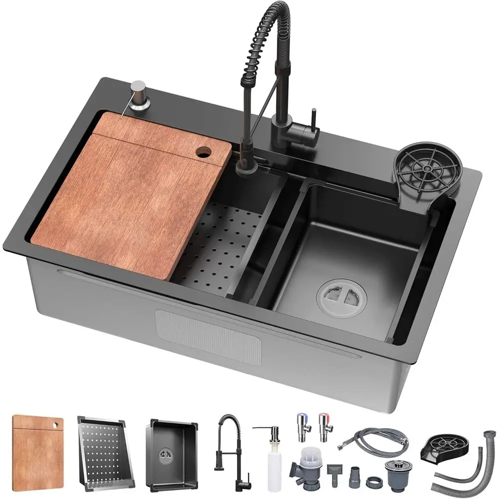 

Кухонная мойка 29,5 x 17,7 дюймов, одинарная, из нержавеющей стали, цвета оружейной стали, черная, для установки над столешницей, многофункциональная, встраиваемая, с выдвижным смесителем