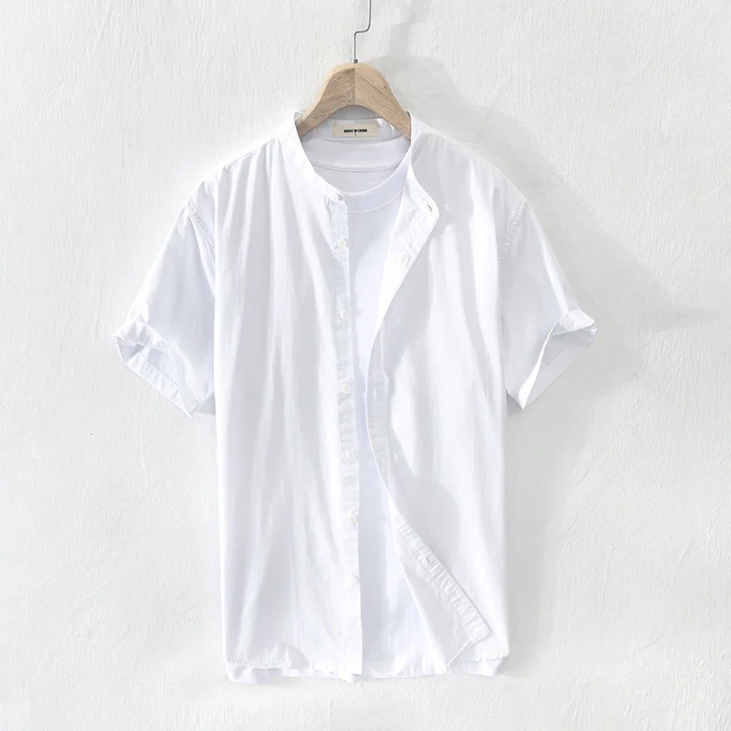 Summer Male Casual Oxford Pure Cotton Short Sleeve Shirt Men\'s Trend Versatile Youth Solid Color Basic Stand-up Collar Shirt