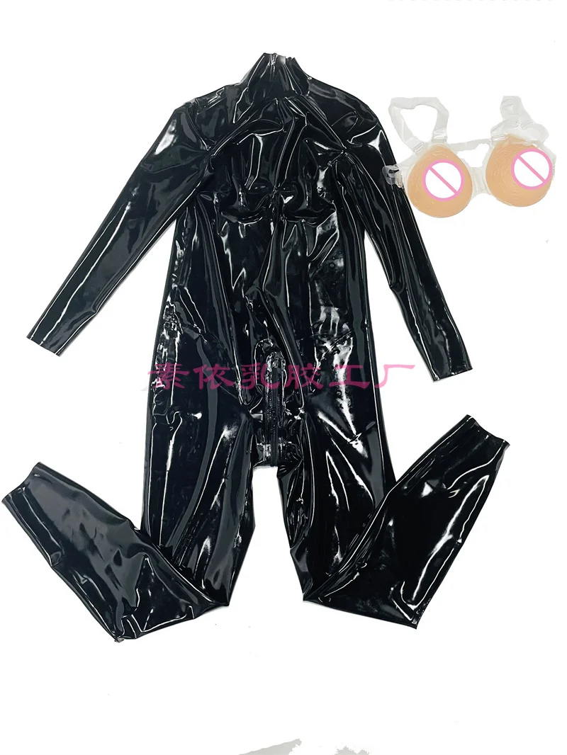 

Latex gummi catsuit with shoulder silicone breast cross-dresser