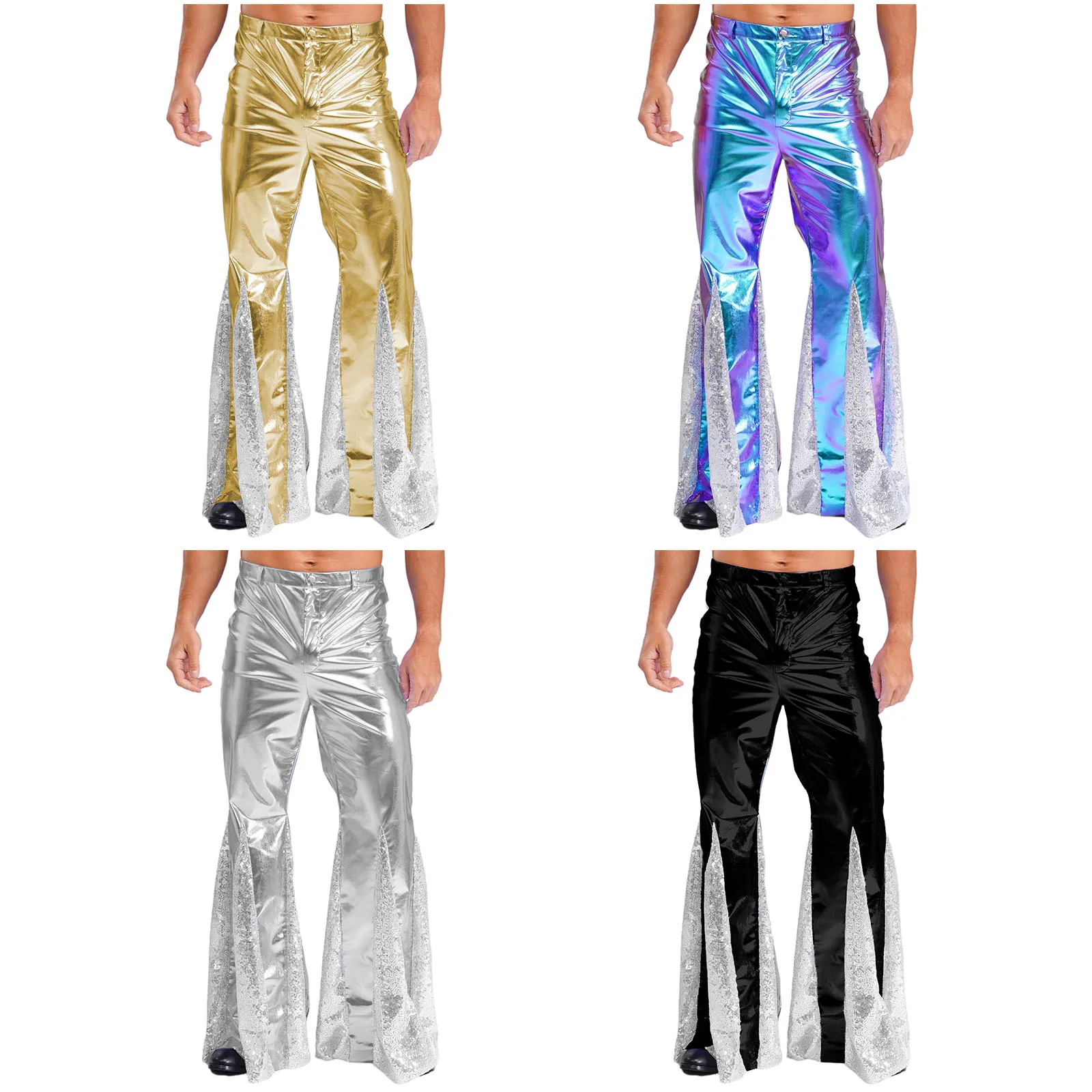 Mens Shiny Metallic 70s Disco Pants Hippie Vintage Costume Dance Party Sequins Bell Bottoms Stage Performance Flared Pants