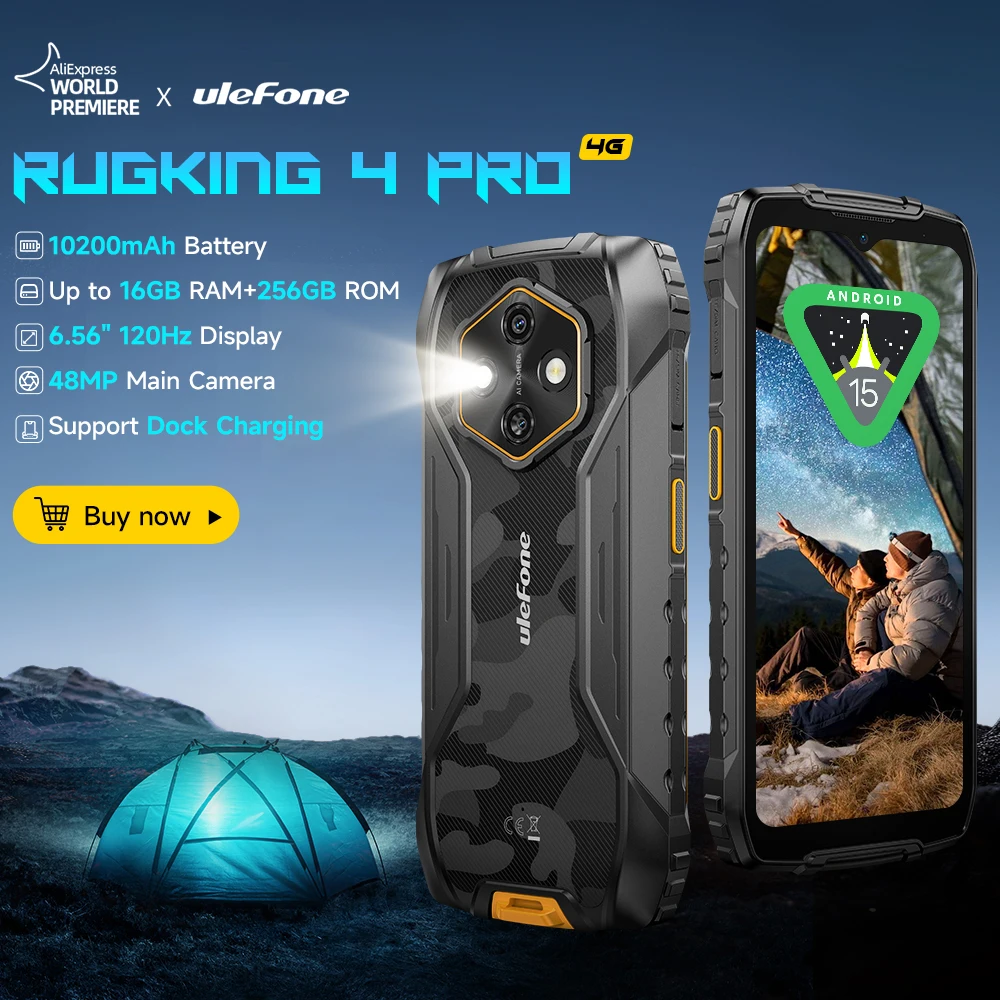 Ulefone RugKing 4 Pro Rugged Phone Android 15 Up to 16GB+256GB Waterproof Smartphone 10200mAh 48MP Camera NFC Global 6.56'' 120Hz