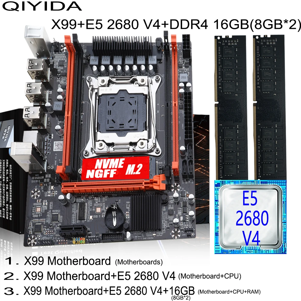 QIYIDA X99 Gaming Motherboard Kit with Xeon E5 2680 V4 DDR4 16GB=8Gx2 RAM M.2 NVME NGFF SATA USB for Desktop PC