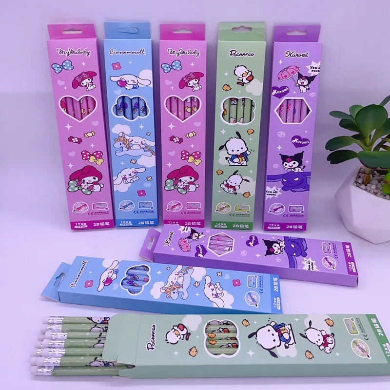 

144pcs Cute Sanrio Cartoon Simple Wooden Pencil 12 Boxes Writing Pencil Student Comes With Pencil Sharpener Rubber Portable