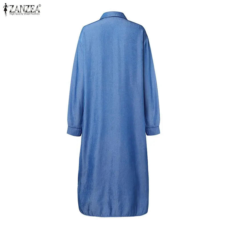 المرأة طويلة الأكمام قميص فستان 2026 الربيع نمط غير رسمي الياقات زر حتى جيوب الدنيم مثل فساتين متوسطة الطول ZANZEA ملابس امرأة #2