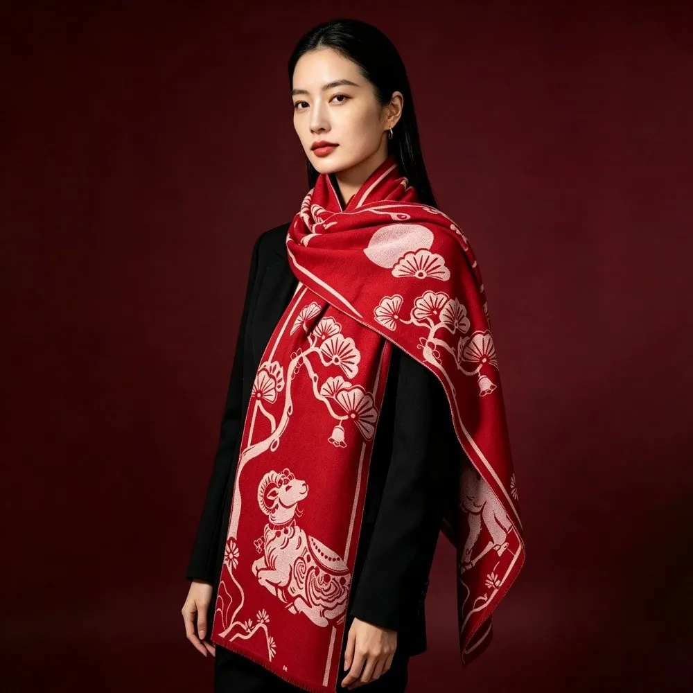 Lamb Cartoon Shape Chinese New Year Sheep Long Scarf Windproof Outdoor Red Long Shawl Warm Soft Winter Cashmere Scarves Girl