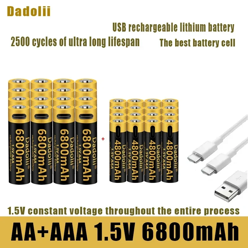 Dadoli batteria ricaricabile USB originale agli ioni di litio, batteria 1.5V AA + AAA, 6800mAh/ioni di litio, giocattolo, lettore MP3, tastiera