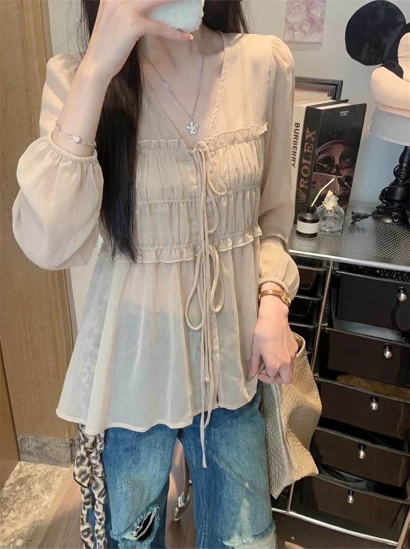 

Summer Thin Shirt Gentle Belted Pleated V-Neck Long Sleeve Chiffon Top Sleeveless Slim Fit Two-Piece Set Fashionable Commute ...