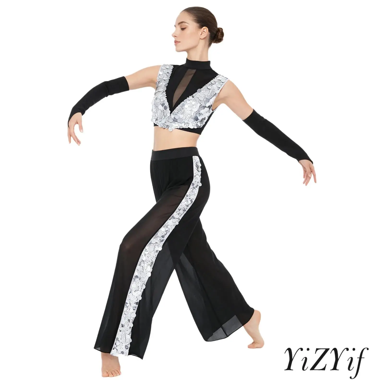 

Glitter Sequined Latin Dance Set for Women Sleeveless Backless Crop Top Gloves with Wide Leg Pants Modern Contemporary Dancewear