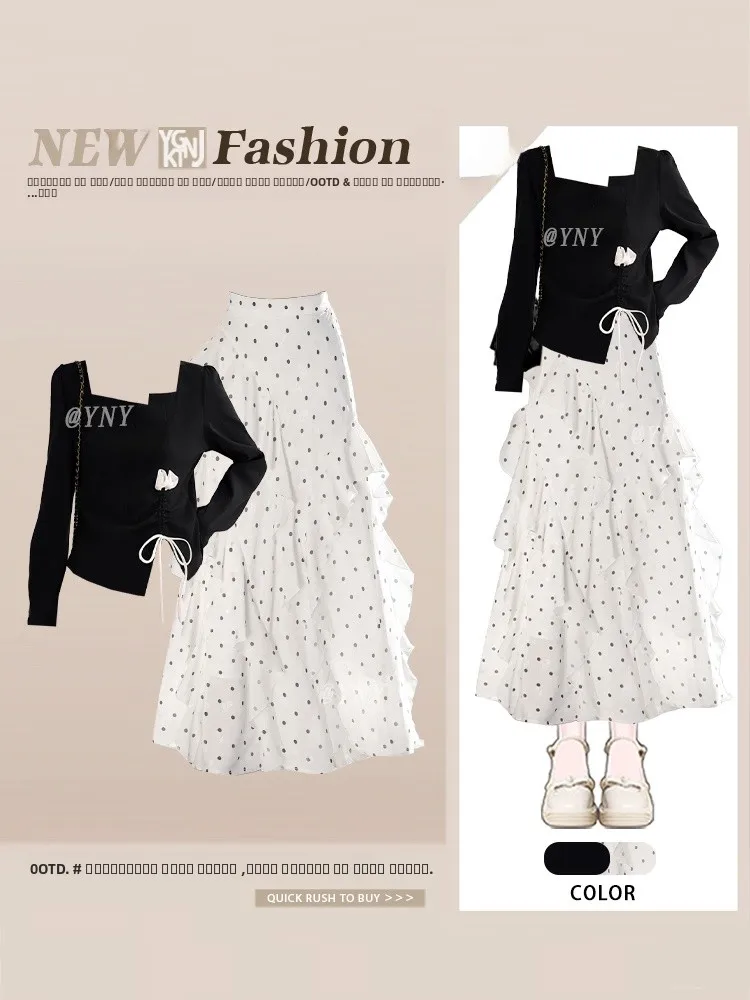 

Нежный женский топ с длинными рукавами и бантом, с юбкой, цветочный принт, асимметричный кружевной подол в горошек, повседневный стиль, осень...