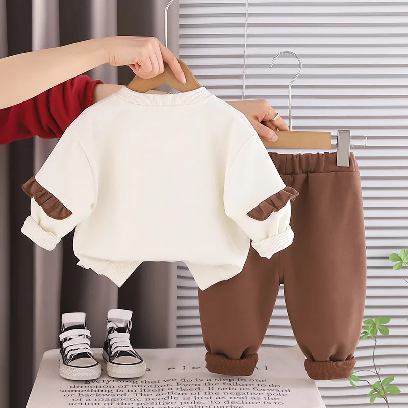 Baby Girl 2 Piece Outfit Cute Cartoon Embroidery Ruffle Cuff Long Sleeve Sweatshirt + Pants Kids Spring Autumn Casual Tracksuit