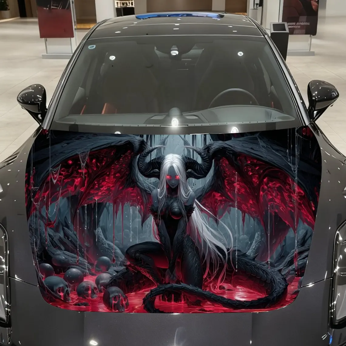 

Red-Winged Horned Silver-Haired Witch Car Vinyl Wrap, PVC Material Waterproof Car Hood Sticker, Self-Adhesive Scratch-Resistant