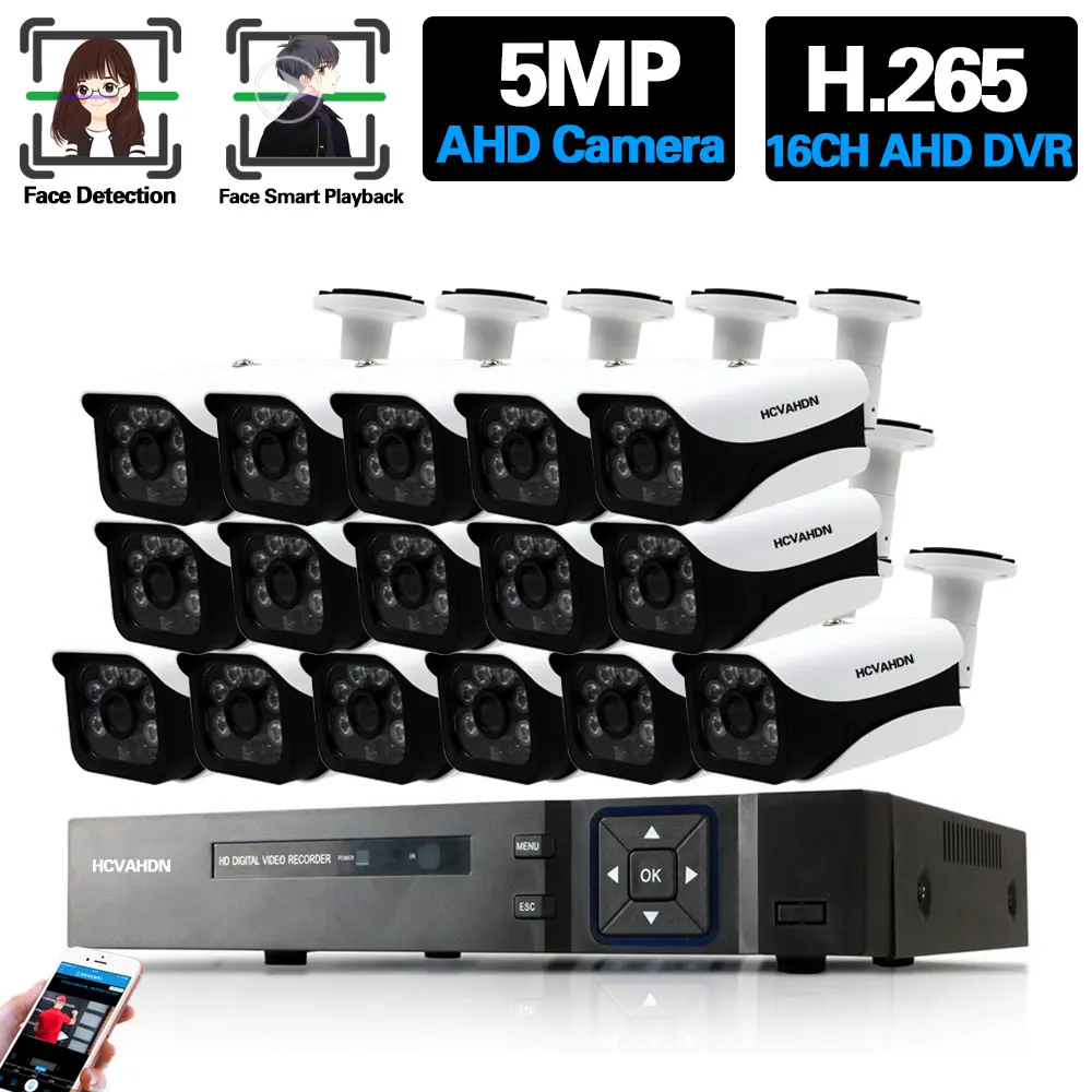 

16 Channel AHD CCTV Camera Security System Kit P2P 5MP 16CH DVR Kit Outdoor Analog Bullet Surveillance Camera System Set XMEYE