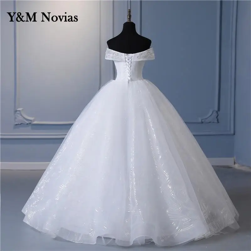 Y & m Novias-Robes de mariée en dentelle ivoire blanc cassé scintillant, robe de Rhperlée, pas cher, les patients initiés, manches courtes, grande taille