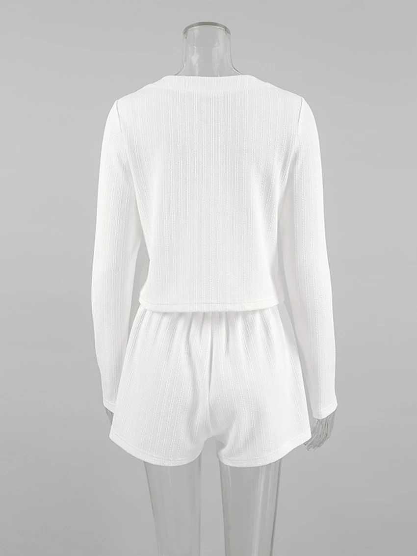 Marthaqiqi Knitted Home Clothes Ladies V-Neck Sleepwear Long Sleeve Nightgown Crop Top Nightwear Shorts Casual Female Pajama Set